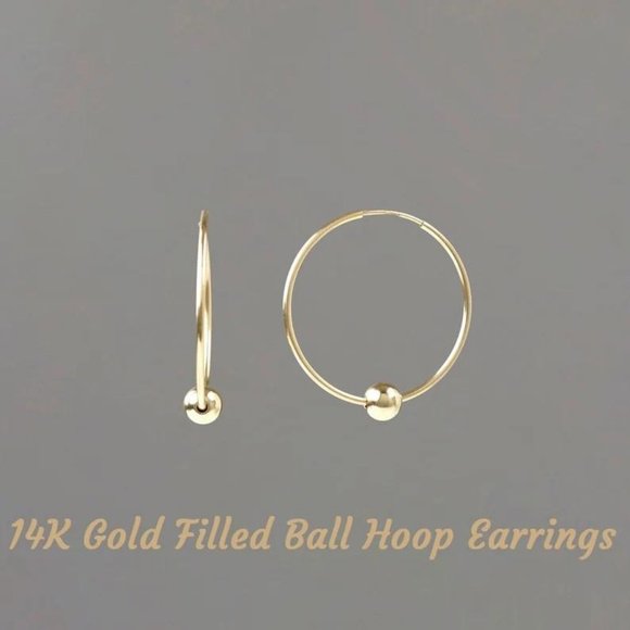 14K Gold Filled Ball Hoop Earrings Hypo Allergenic Pair of Gold Thin Hoops New! - Picture 2 of 3